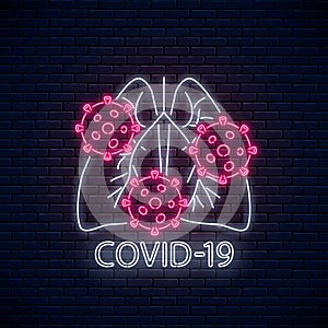 Stop coronavirus neon sign. COVID-19 virus caution sign with human lungs symbol in neon style