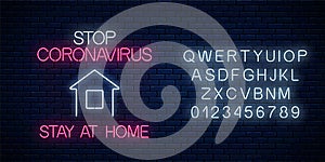 Stop coronavirus neon sign with stay at home icon and alphabet. COVID-19 virus caution symbol in neon style