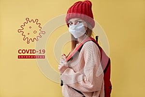 Stop coronavirus pandemia. Novel Sars Cov2. Prevent infection spread. Woman in mask. COVID-19 inscription, virus sign photo