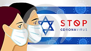 Stop Coronavirus, people in medical mask on Israel flag