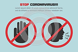 Stop coronavirus with red prohibit coughing man sign in a flat design concept background