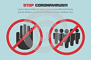 Stop coronavirus with red prohibit crowd sign in a flat design concept background