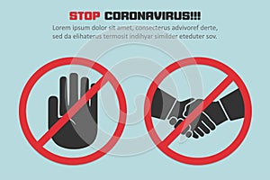 Stop coronavirus with red prohibit no handshake sign in a flat design concept background