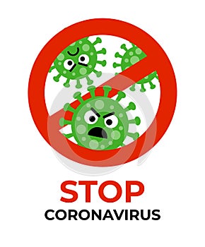 Stop coronavirus sign with bacterium cartoon gems in flat style