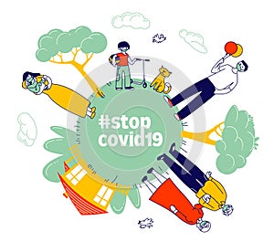 Stop Coronavirus, Stay at Home Concept. Big Family of Grandparents, Parents and Children in Masks at Earth Globe