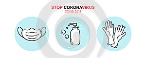 Stop coronavirus text icon. Vector monoline soap gel bottle sanitizer, medical mask and rubber gloves icons. Simple element