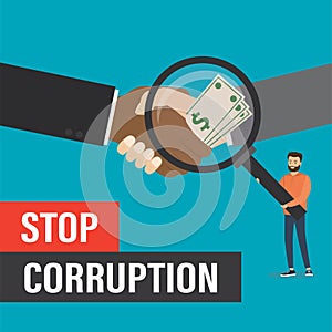 Stop corruption banner. Bribe, corrupt handshake. Male character with magnific glass, bribery investigation. Criminal deal. photo
