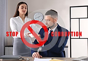 Stop corruption. Illustration of red prohibition sign and woman giving bribe to man at table in office