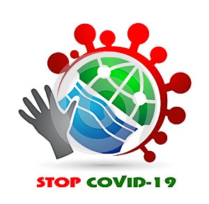 Stop COVID-19 concept world map with stop covid-19 sign vector illustration.