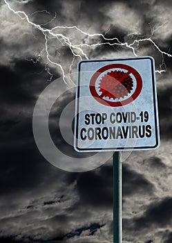 Stop Covid-19 Coronavirus Sign With Dramatic Sky and Copy Space