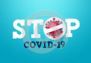 Stop covid-19 coronavirus vector sign. Stop covid-19 text with corona virus icon in blue pattern background