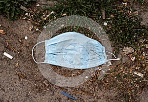 Stop Covid 19. The end of coronavirus. People discard surgical protective face mask on a public streets. Dirty used medical mask