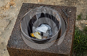 Stop Covid 19. The end of coronavirus. People discard surgical protective face mask in a public trash bin. Dirty used medical mask