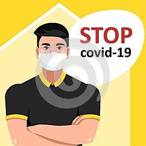 Stop covid-19. stay at home awareness social media campaign and coronavirus prevention. man in mask stay at home. vector
