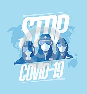 Stop covid-19 vector poster with scientists, lifeguards, doctors, builders, businessmens dressed in protective suits and masks