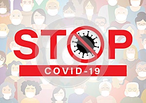 `STOP COVID-19` warning sign concept.People around the world wearing face mask for protecting Corona virus outbreak character cart