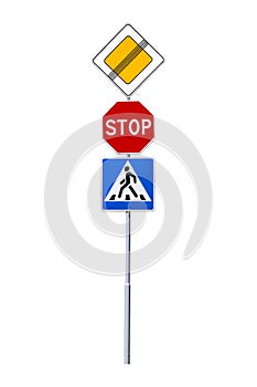 Stop, crosswalk,thoroughfare traffic signs photo