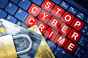 Stop Cyber Crime Concept With Security Lock on Fake Credit Cards