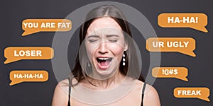 Stop cyberbullying. Desperate young girl screaming because of abusive chat texts on grey background, collage. Panorama