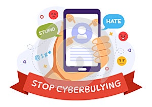 Stop Cyberbullying Vector Illustration of Haters Online with Bullying Internet, Trolling and Hate Speech in Flat Cartoon