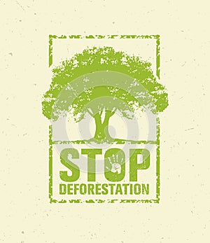 Stop Deforestation Eco Green Banner. Organic Creative Vector Design Concept On Recycled Paper Background With Handprint