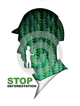 Stop deforestation poster banner template. Paper cut green fir trees inside of man head vector illustration. Save forest