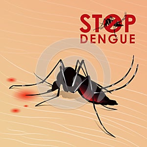 Stop Dengue fever with Mosquito sucking blood on skin vector design