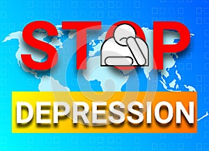 Stop depression illustration image on world map and blue gadiant colour