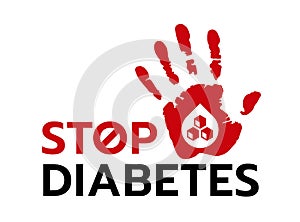 Stop diabetes with drop blood and sugar in Red Hand Print Showing STOP Sign vector design