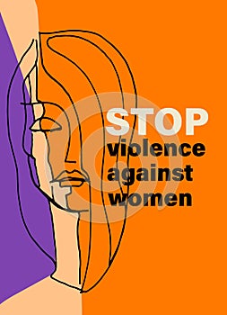 Stop Domestic Violence concept. Outline of a woman, background with purple color of awareness, campaign title