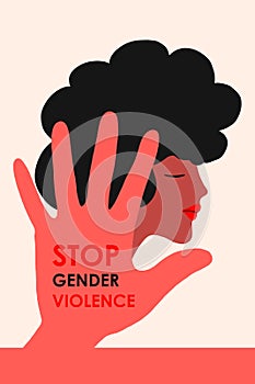 Stop domestic violence. A girl with black hair on the background of a hand with an inscription against violence. The