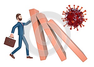 Stop domino risk effect, policy help to business for survive during financial crisis. 3D illustration of businessman.