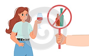 Stop drinking concept. Young girl hold glass of wine, drunk woman. Bad habit, alcohol addiction adult character