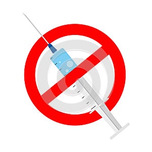 Stop drug. Sign of danger with syringe. Icon of forbidden of injection. Anti narcotic concept. Label for ban addict. Warning about