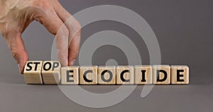 Stop ecocide symbol. Businessman turns wooden cubes and changes words ecocide to stop ecocide. Beautiful grey background, copy