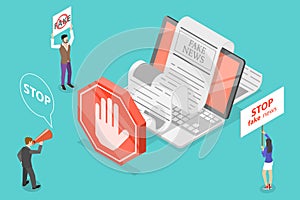 Stop Fake News. 3D Isometric Vector Conceptual Illustration.
