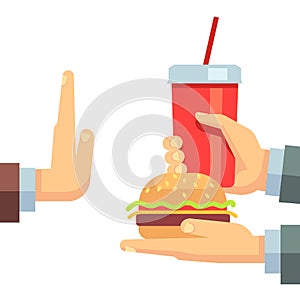 Stop fast food junk snacks vector concept with refusing hand