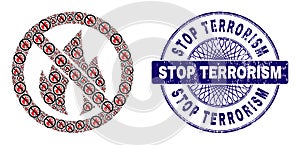 Stop Fire Fractal Composition of Stop Fire Icons and Distress Stop Terrorism Round Guilloche Stamp