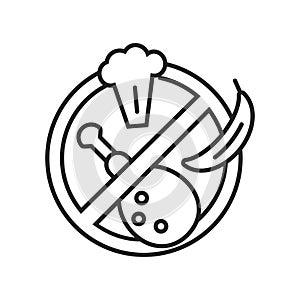 Stop food , no eating icon vector in line, outline style.Chicken leg grill, banana, broccoli shown. Fast month