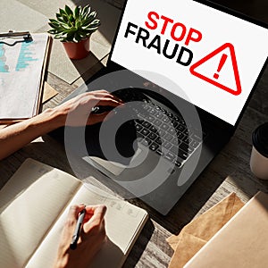 Stop Fraud banner on screen. Cybercrime and internet security concept