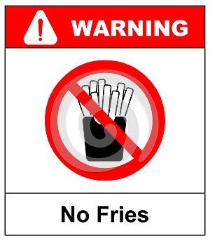 Stop French fries. Ban fatty fast food. Sliced potatoes in paper box. Emblem against eating. Red prohibition sign. Prohibited noxi
