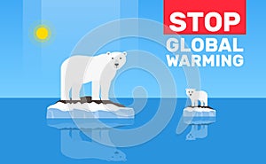 Stop global warming change climate concept .polar bear and cube on floe melting iceberg