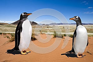 Global Warming - Penguin Habitat - two penuins living in desert (of Namibia). Stop global warming and melting of ice.