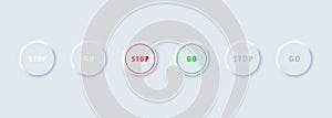 Stop and go button icon set. Neumorphism style. Vector EPS10. Isolated on white background