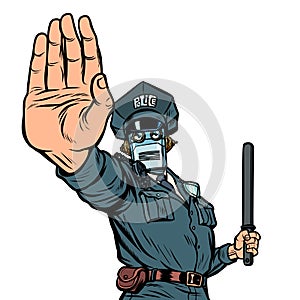 Stop hand gesture. Robot policeman. Isolate on white background