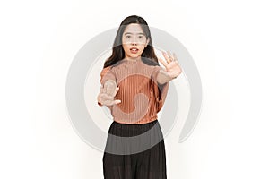 Stop Hand Rejection Gesture Of Beautiful Asian Woman Isolated On White Background