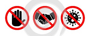 Stop handshake sign set. Coronavirus illustration. Danger sign. Vector