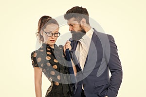 Stop harassment. bearded man and sexy woman. Romantic couple in office. Businesspeople. Unleashed desire. Sexy business
