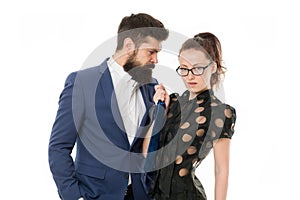 Stop harassment. bearded man and woman. Romantic couple in office. Businesspeople. Unleashed desire. business