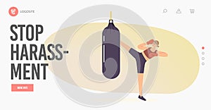 Stop Harassment Landing Page Template. Woman in Boxing Gloves Kick Punching Bag Training Hit for Self Defense Practice